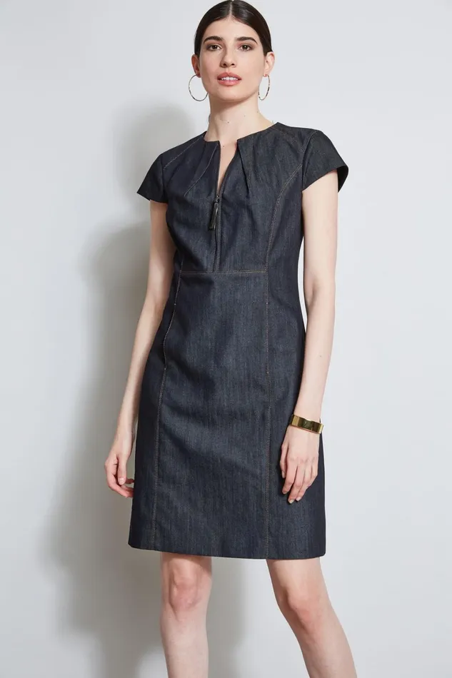 Elie Tahari Dresses and Jumpsuits Denim Fit and Flare Zip Dress Indigo 8211 Women