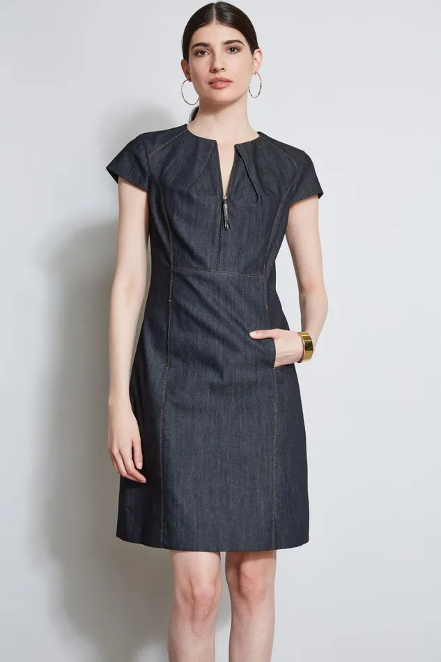 Elie Tahari Dresses and Jumpsuits Denim Fit and Flare Zip Dress Indigo 8211 Women