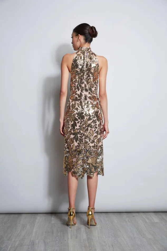 Elie Tahari Dresses and Jumpsuits Sequin Floral Halter Dress Gold Multi 8211 Women