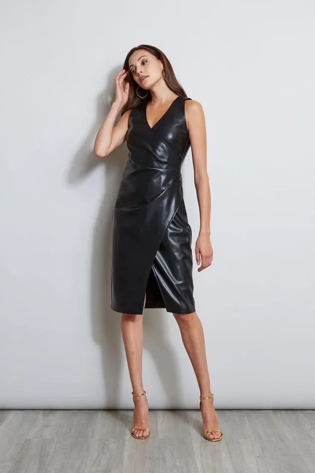 Elie Tahari Dresses and Jumpsuits Vegan Leather Ruched Wrap Dress Noir 8211 Women