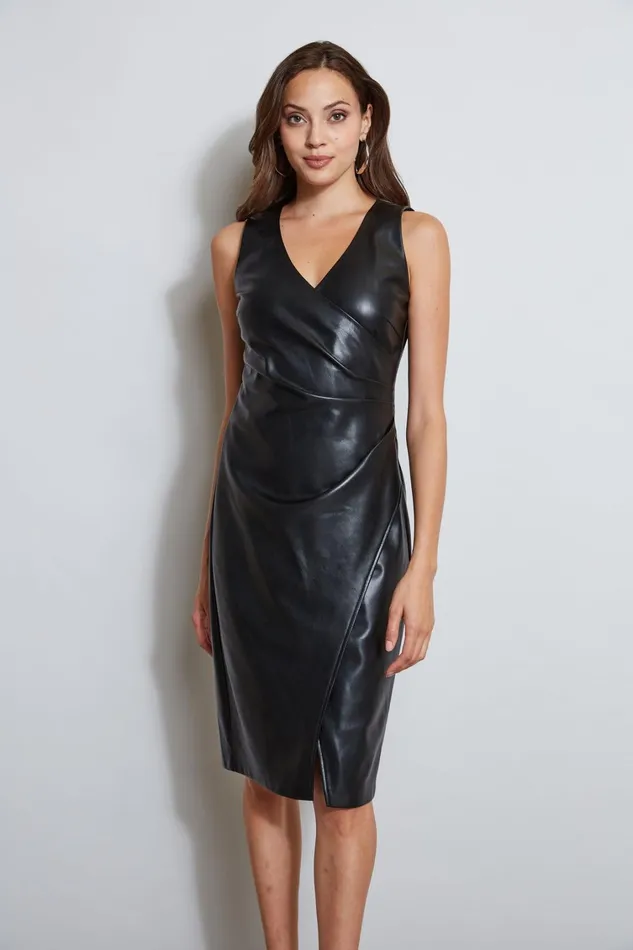 Elie Tahari Dresses and Jumpsuits Vegan Leather Ruched Wrap Dress Noir 8211 Women