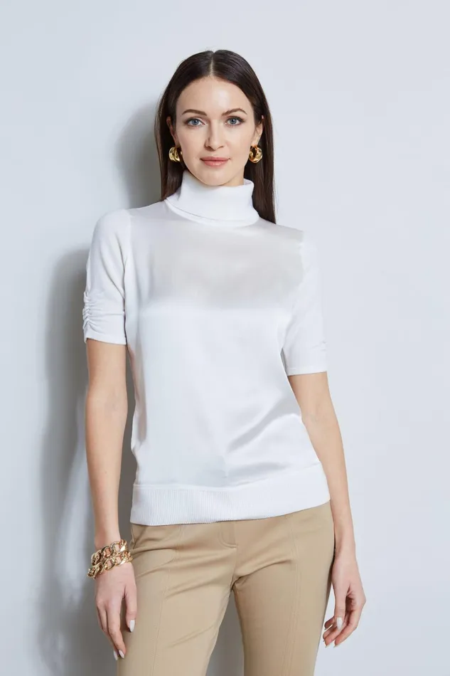 Elie Tahari Knits and Sweaters Short Sleeve Satin Front Sweater Fresh Pearl 8211 Women Elie Tahari Knits and Sweaters Short Sleeve Satin Front Sweater Fresh Pearl 8211 Women