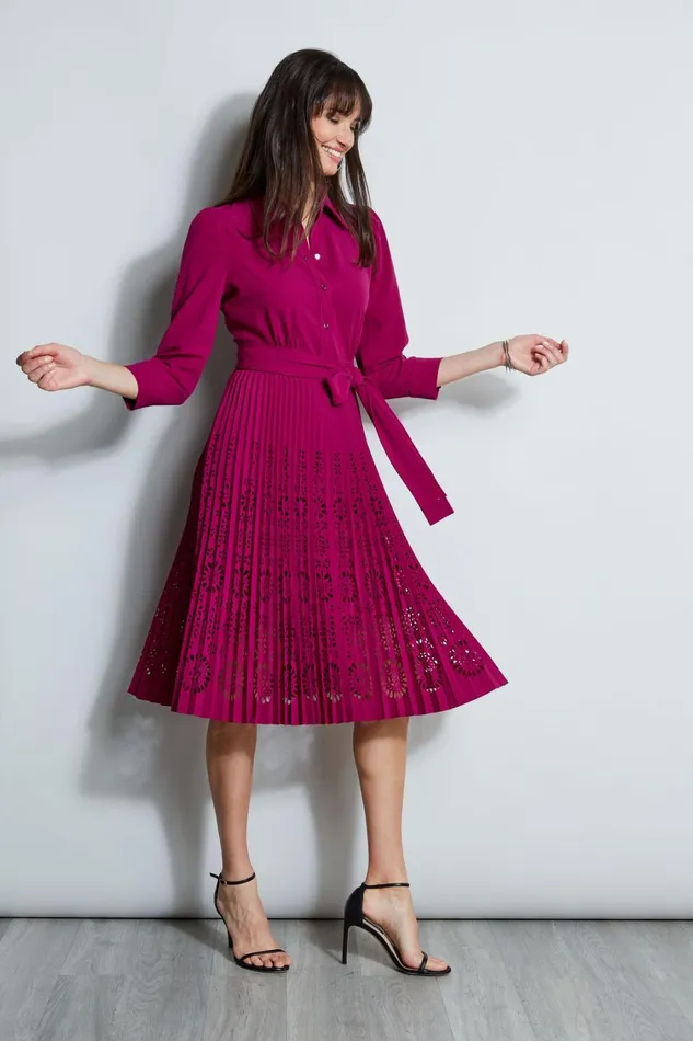 Elie Tahari Long Sleeve Dresses Pleated Laser Cut Dress Boysenberry 8211 Women