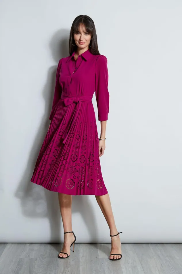 Elie Tahari Long Sleeve Dresses Pleated Laser Cut Dress Boysenberry 8211 Women