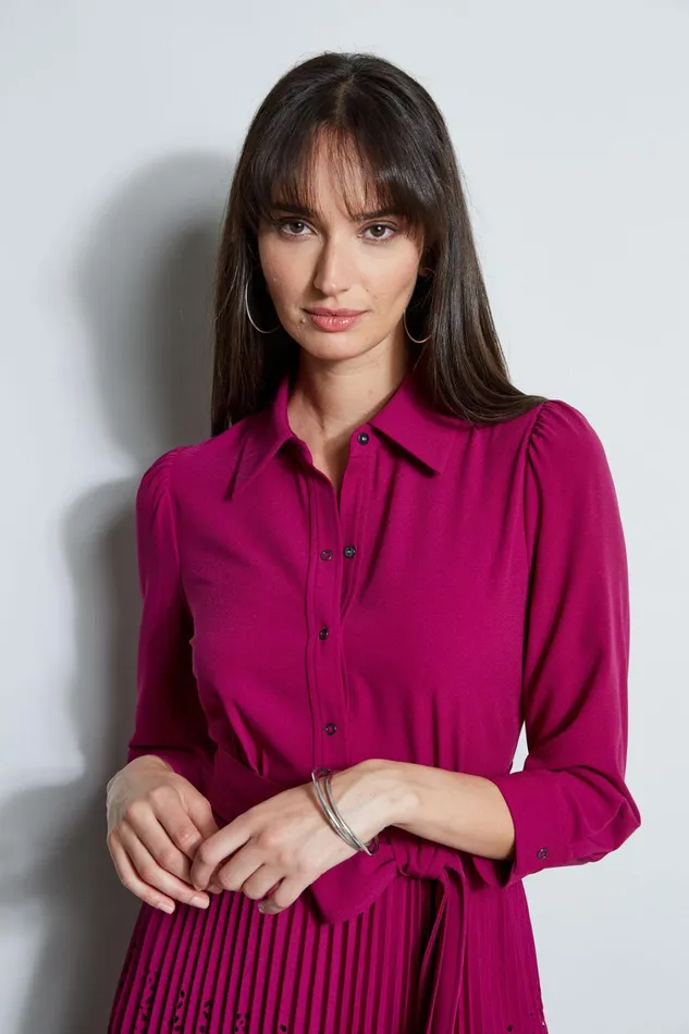 Elie Tahari Long Sleeve Dresses Pleated Laser Cut Dress Boysenberry 8211 Women