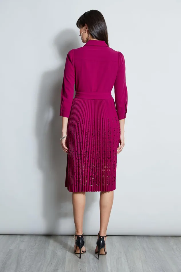 Elie Tahari Long Sleeve Dresses Pleated Laser Cut Dress Boysenberry 8211 Women