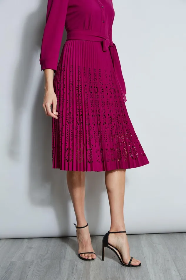 Elie Tahari Long Sleeve Dresses Pleated Laser Cut Dress Boysenberry 8211 Women