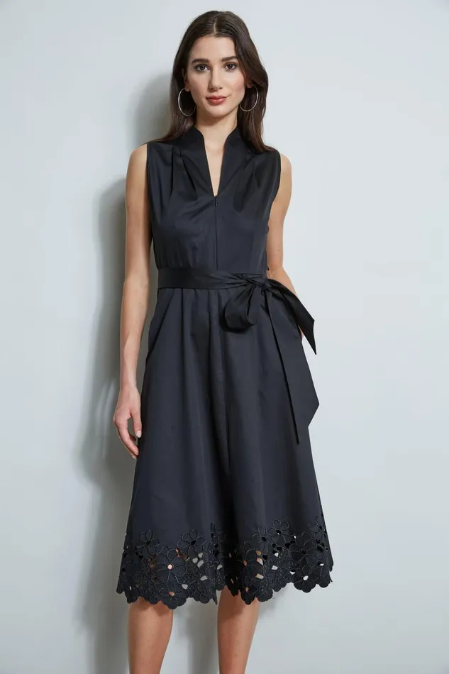 Elie Tahari Sleeveless Dresses Embroidered Hem Cotton Dress Black 8211 Women