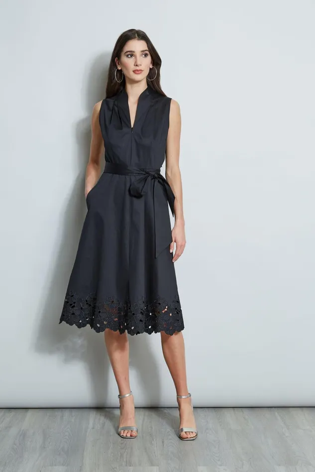 Elie Tahari Sleeveless Dresses Embroidered Hem Cotton Dress Black 8211 Women