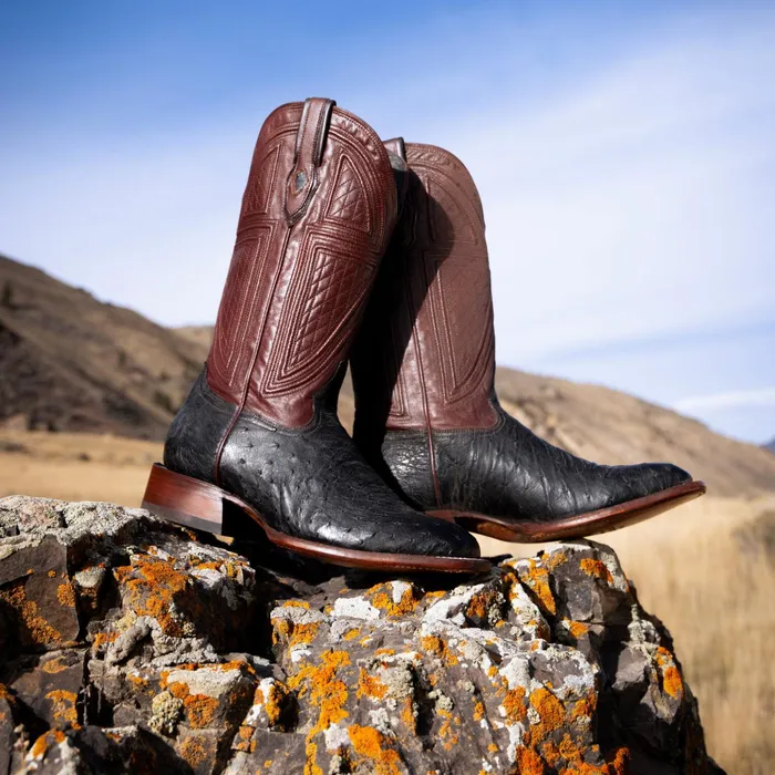 Exotics Men Stetson Dillon Ostrich Boots Black