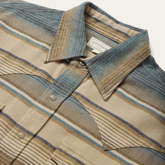 Flannel Shirts Men Stetson Blue Stripe Flannel Western Shirt Blue