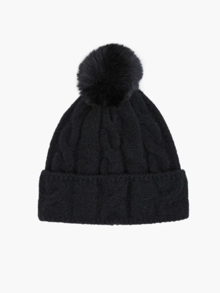 French Connection Cable Knit PomPom Beanie Black Woman Hats