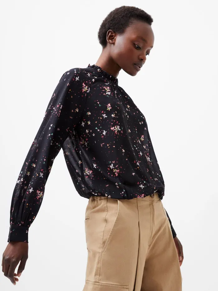 French Connection Carina Georgette Frill High Neck Top Blackout Multi Woman Tops French Connection Carina Georgette Frill High Neck Top Blackout Multi Woman Tops