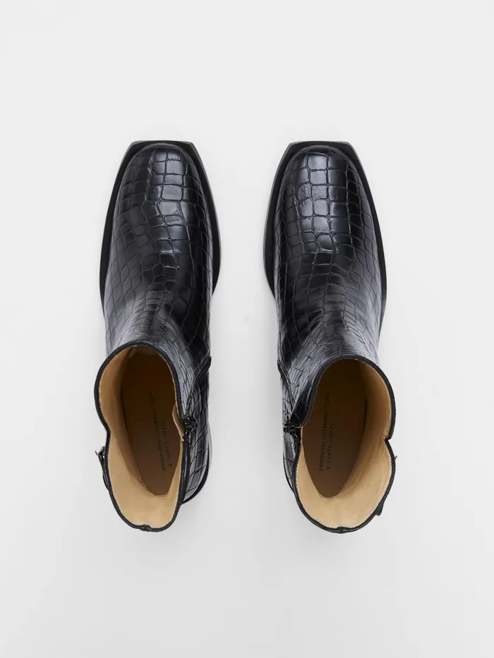 French Connection Connic Croc Ankle Boots Black Croc Woman Shoes