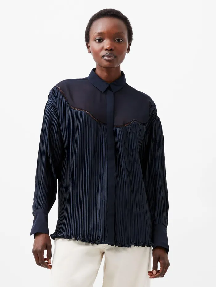 French Connection Crina Crinkle Satin Georgette Mix Shirt Marine Woman Tops