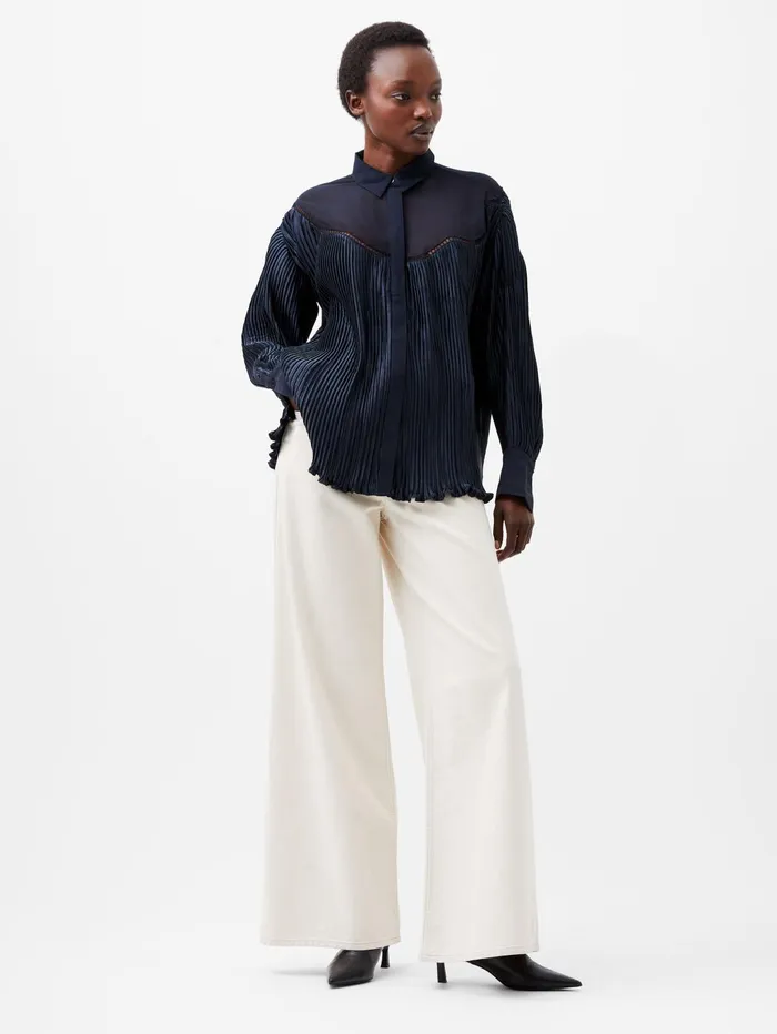French Connection Crina Crinkle Satin Georgette Mix Shirt Marine Woman Tops