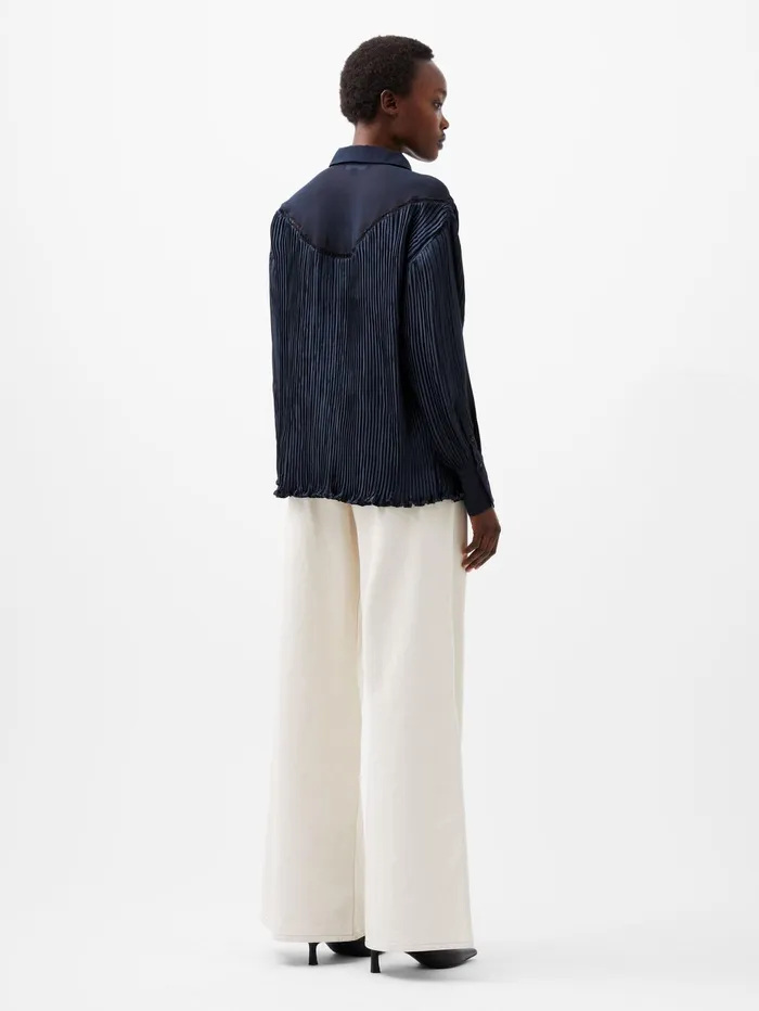 French Connection Crina Crinkle Satin Georgette Mix Shirt Marine Woman Tops