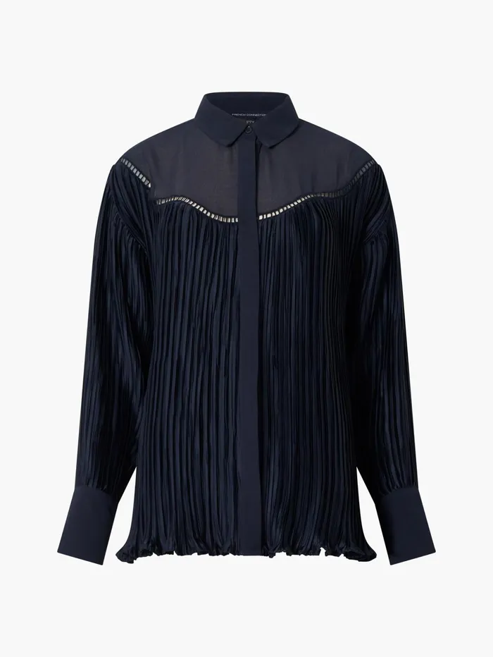 French Connection Crina Crinkle Satin Georgette Mix Shirt Marine Woman Tops