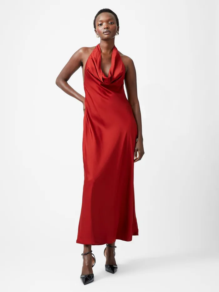 French Connection Ennis Eco Satin Halterneck Midi Dress Wine Woman Dresses