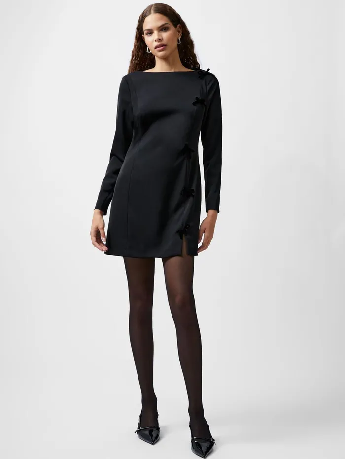 French Connection Fenix Satin Bow Long Sleeve Mini Dress Blackout Woman Dresses