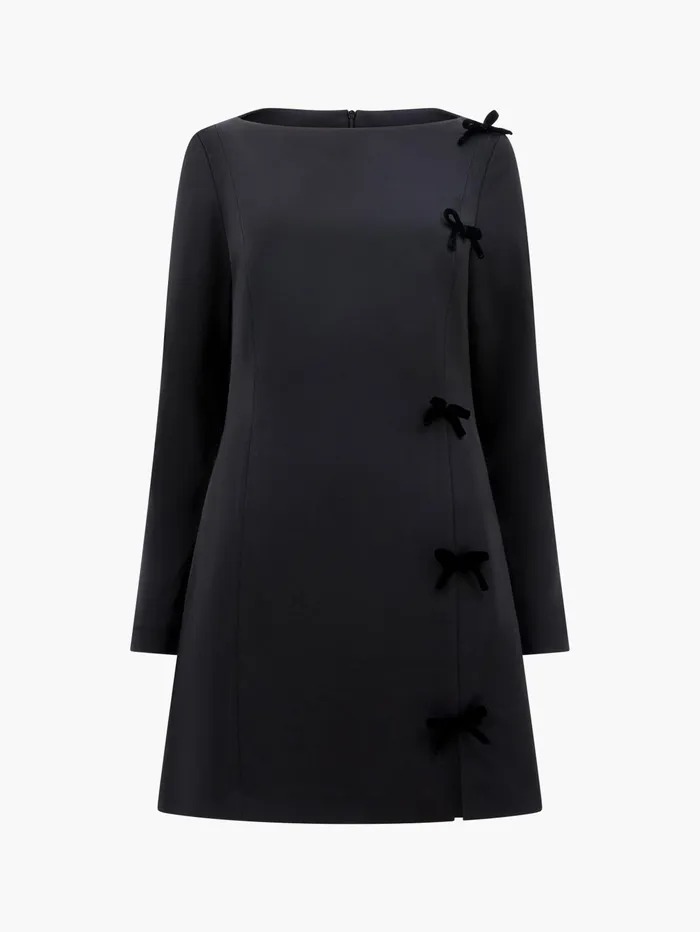 French Connection Fenix Satin Bow Long Sleeve Mini Dress Blackout Woman Dresses