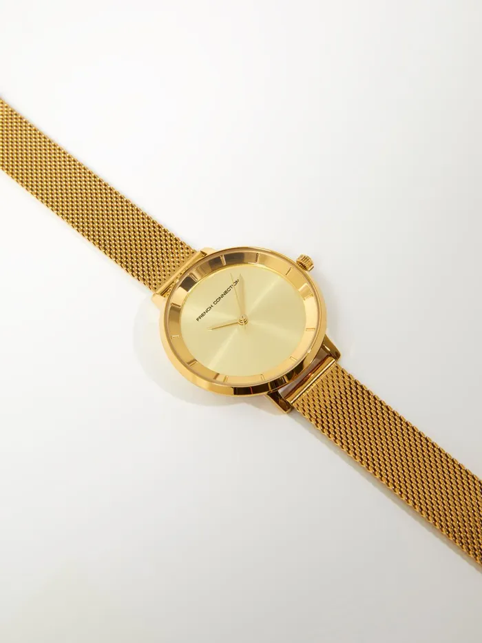 French Connection Gold Tone Mesh Bracelet Watch With Champagne Dial Gold Woman Jewellery
