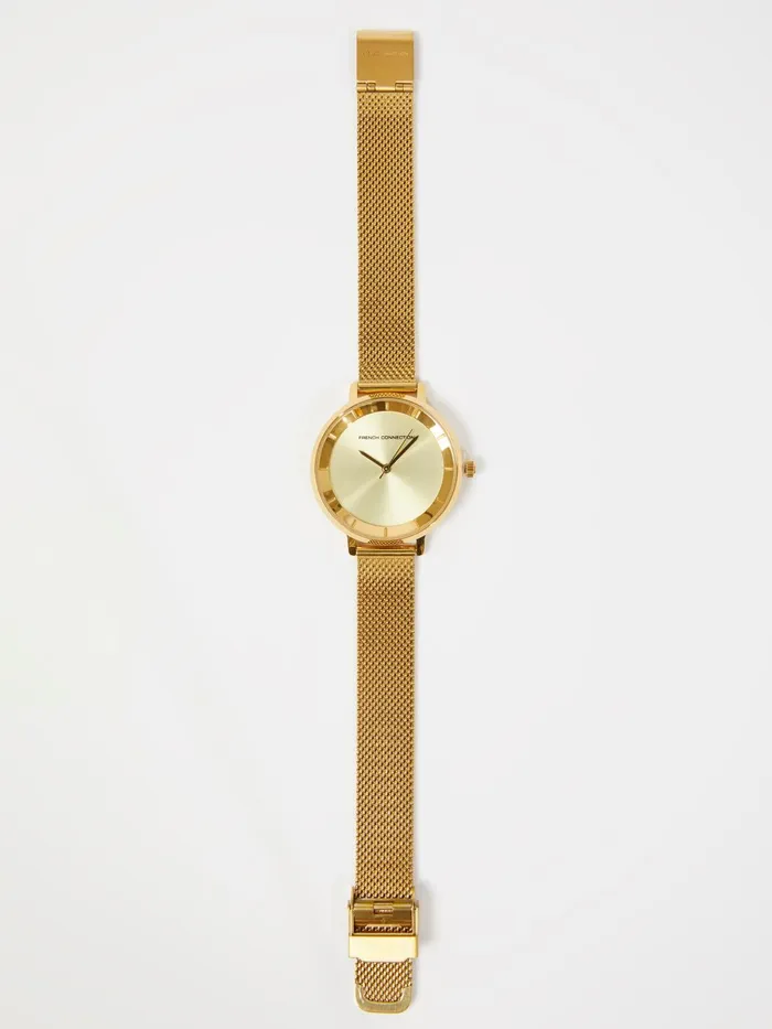 French Connection Gold Tone Mesh Bracelet Watch With Champagne Dial Gold Woman Jewellery