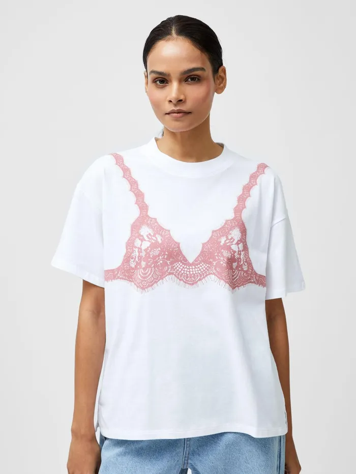French Connection Lace Bra Graphic TShirt Linen WhitePink Woman Tops