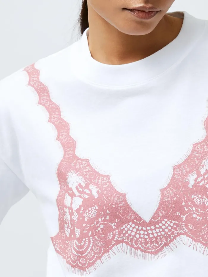 French Connection Lace Bra Graphic TShirt Linen WhitePink Woman Tops