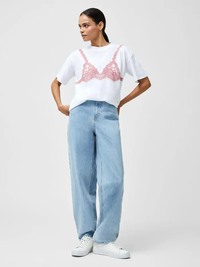 French Connection Lace Bra Graphic TShirt Linen WhitePink Woman Tops