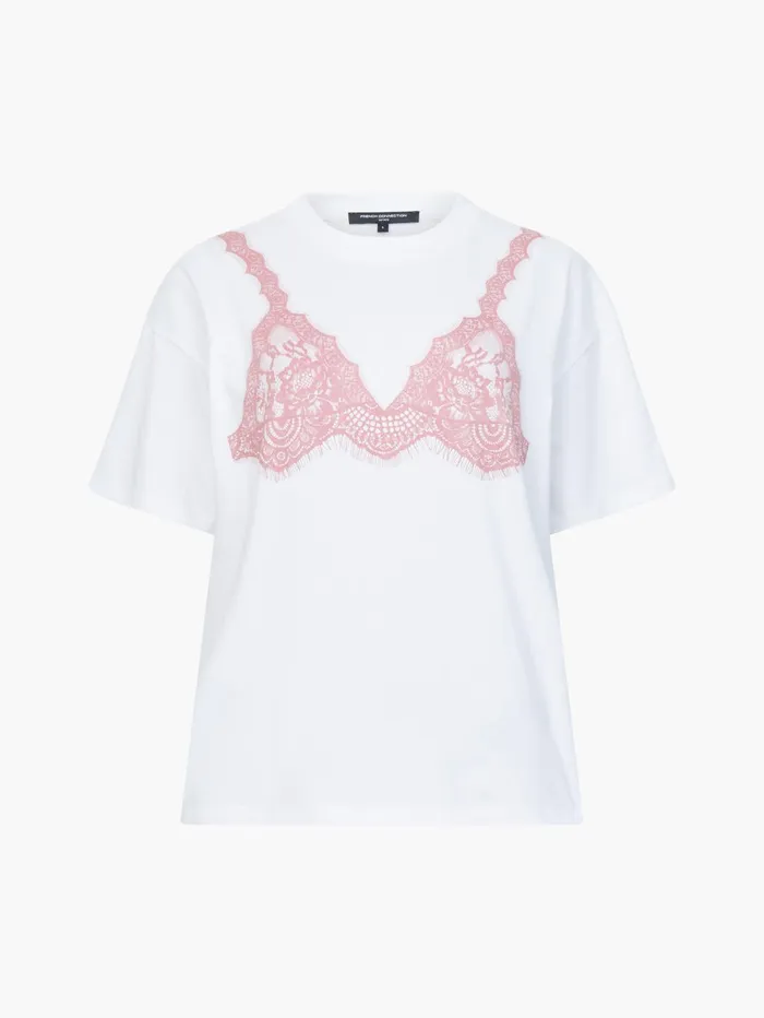French Connection Lace Bra Graphic TShirt Linen WhitePink Woman Tops