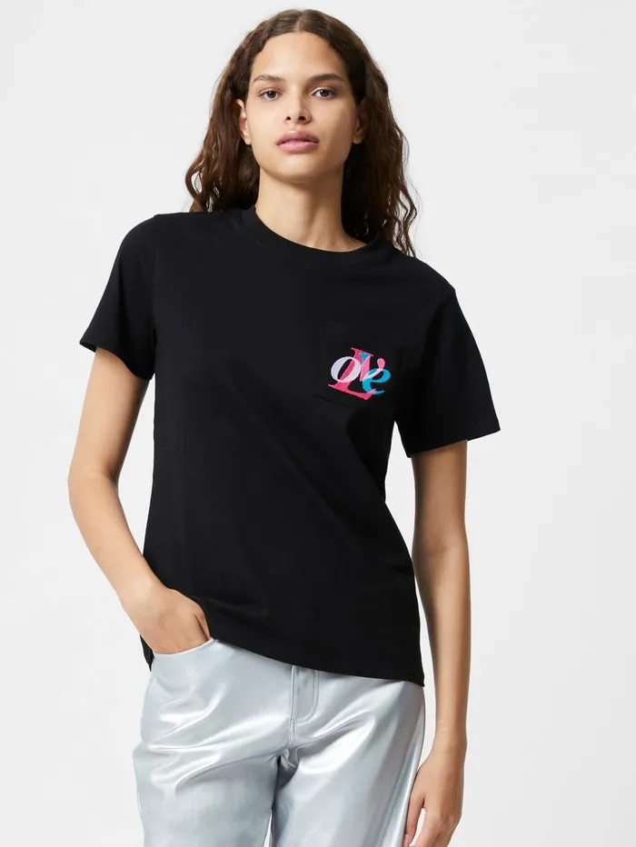 French Connection Love Embroidered Pocket TShirt Black Woman Tops