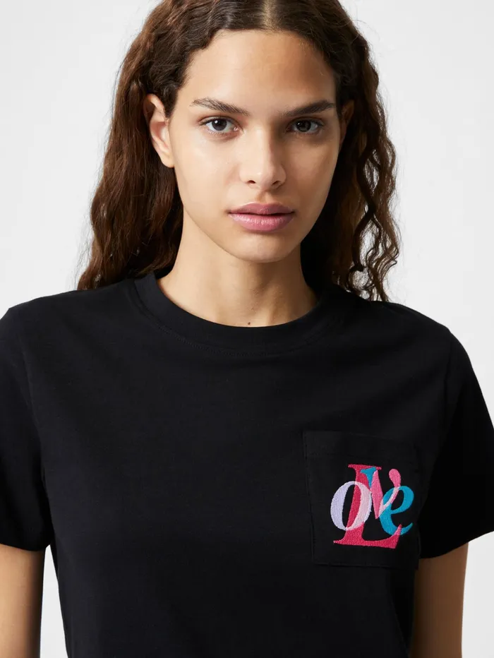 French Connection Love Embroidered Pocket TShirt Black Woman Tops