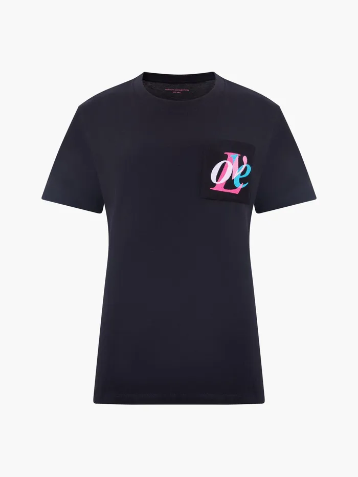 French Connection Love Embroidered Pocket TShirt Black Woman Tops