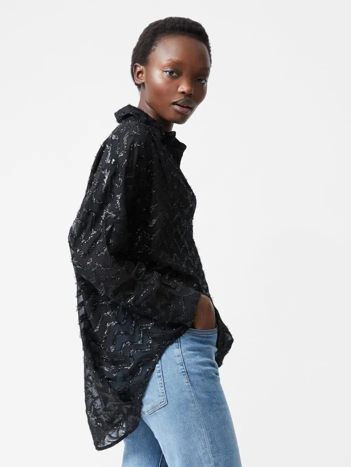 French Connection Lurex Georgette Long Sleeve Popover Shirt Blackout Woman Tops French Connection Lurex Georgette Long Sleeve Popover Shirt Blackout Woman Tops