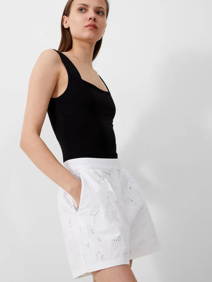 French Connection Rhodes Cotton Embroidered Shorts Linen White Woman Coords