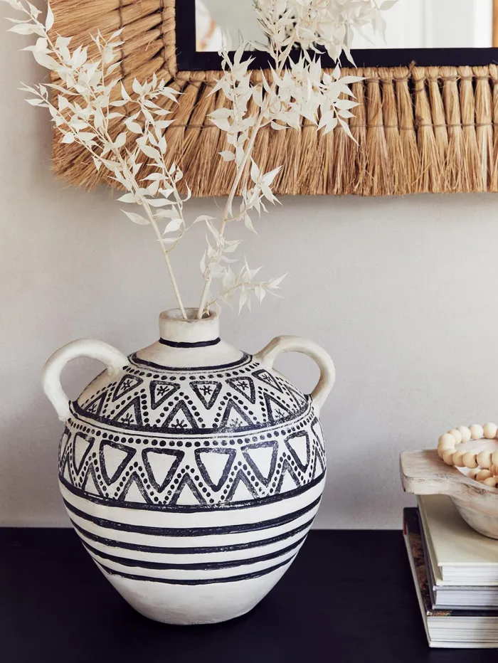French Connection Round Handle Pattern Vase WhiteBlack Home Home Accessories