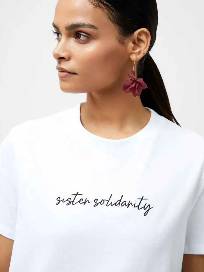 French Connection Sister Solidarity Embroidered Graphic TShirt Linen White Woman Tops