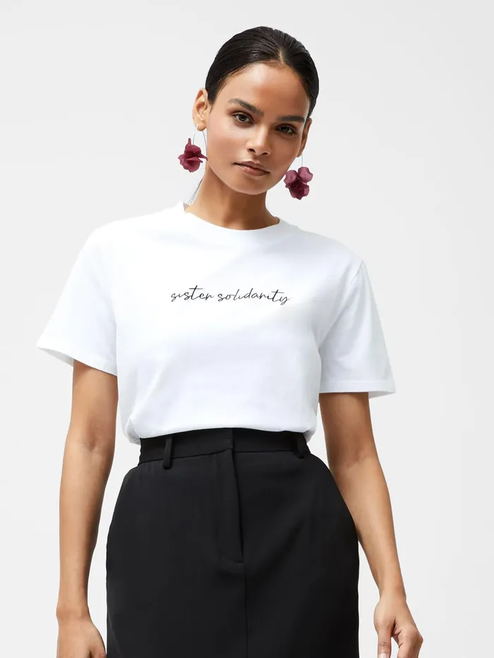 French Connection Sister Solidarity Embroidered Graphic TShirt Linen White Woman Tops