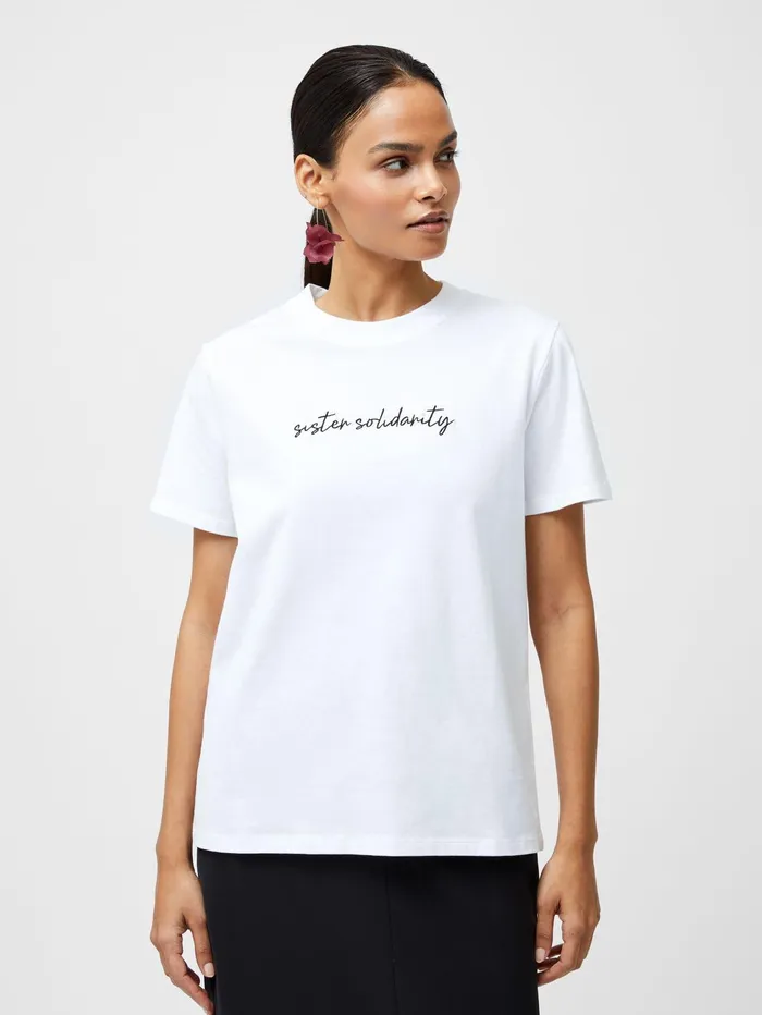 French Connection Sister Solidarity Embroidered Graphic TShirt Linen White Woman Tops