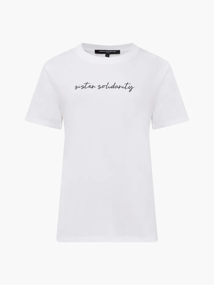 French Connection Sister Solidarity Embroidered Graphic TShirt Linen White Woman Tops