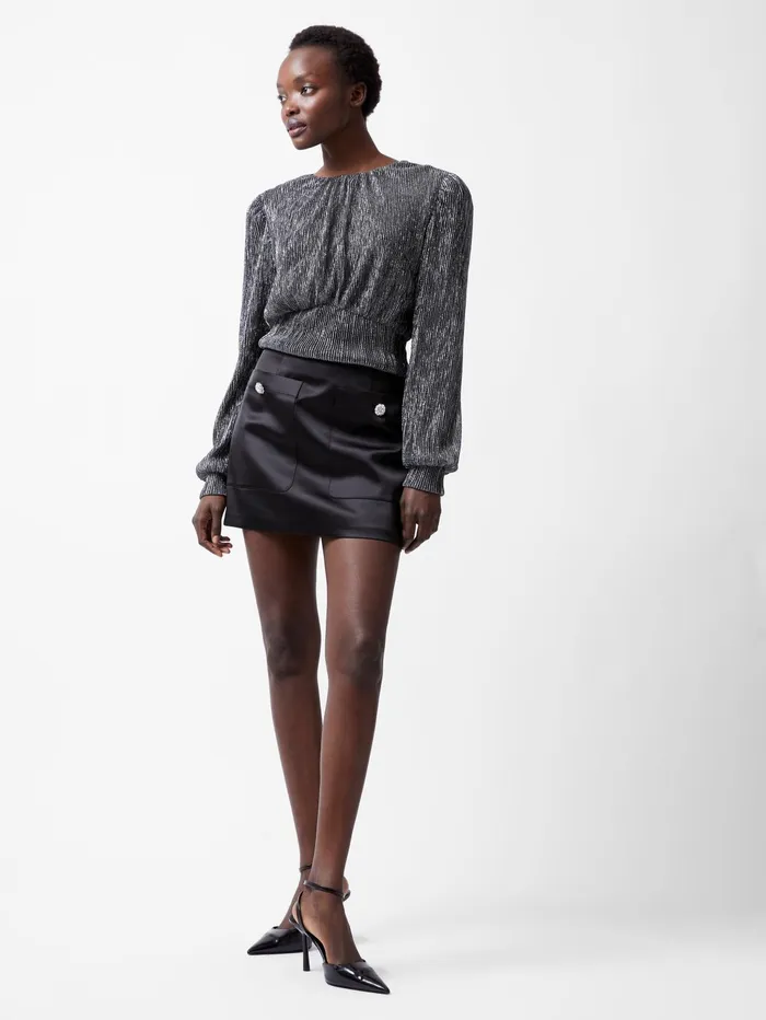 French Connection Tamy Lurex Plisse Long Sleeve Top Silver Woman Tops