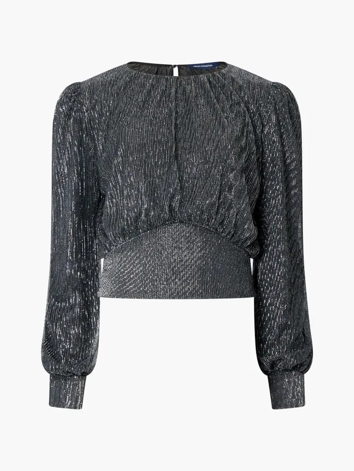 French Connection Tamy Lurex Plisse Long Sleeve Top Silver Woman Tops