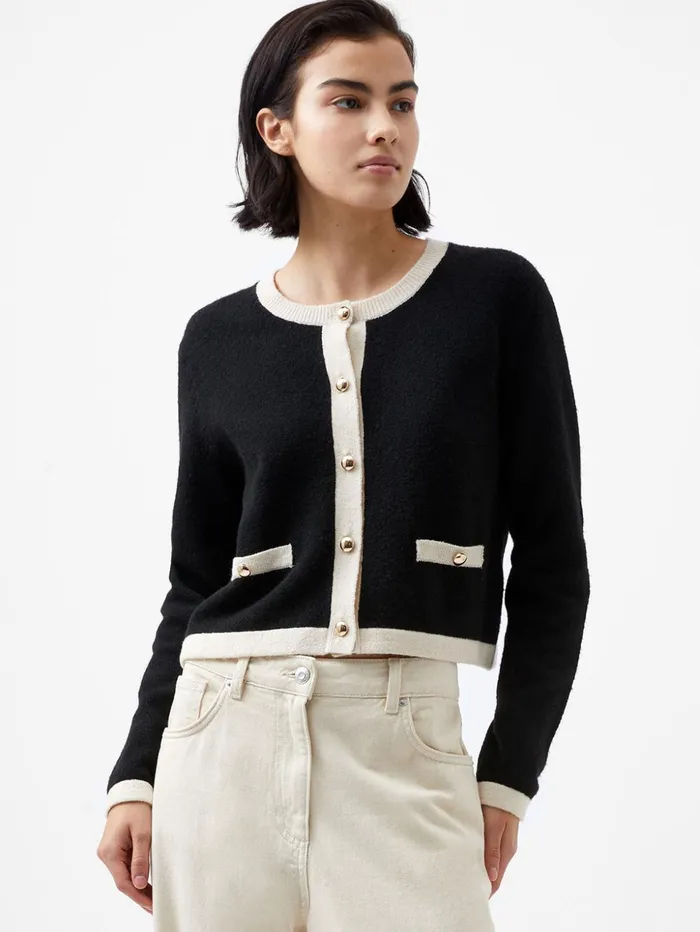 French Connection Vhari Recycled Contrast Cardigan 8211 BlackClassic Cream Woman Jumpers and Cardigans French Connection Vhari Recycled Contrast Cardigan 8211 BlackClassic Cream Woman Jumpers and Cardigans