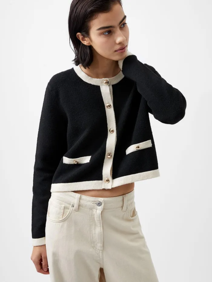 French Connection Vhari Recycled Contrast Cardigan 8211 BlackClassic Cream Woman Jumpers and Cardigans