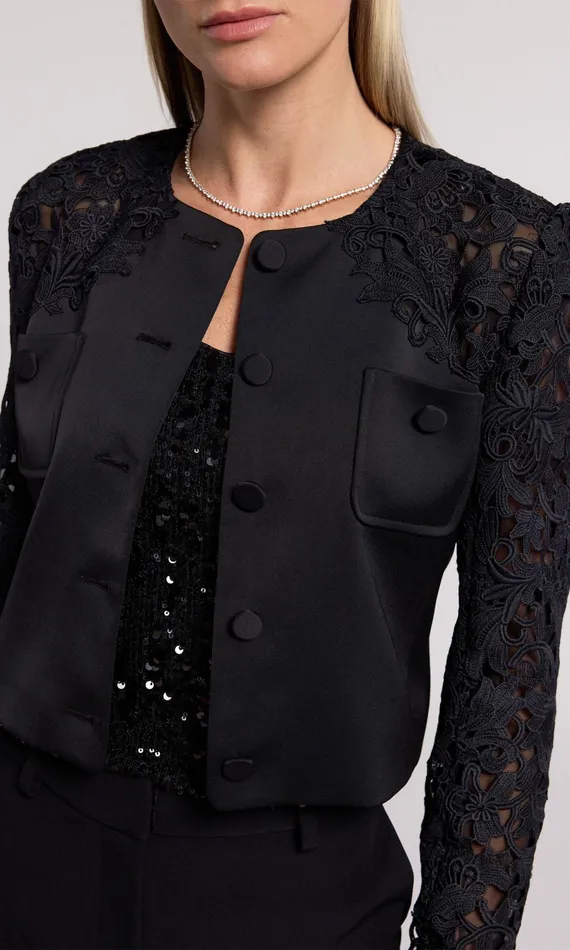 Generation Love Clothing Cortez Lace Combo Jacket Black Women Blazers and Jackets