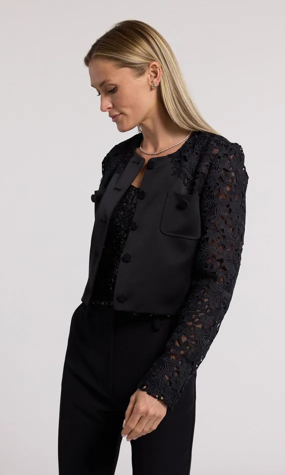 Generation Love Clothing Cortez Lace Combo Jacket Black Women Blazers and Jackets