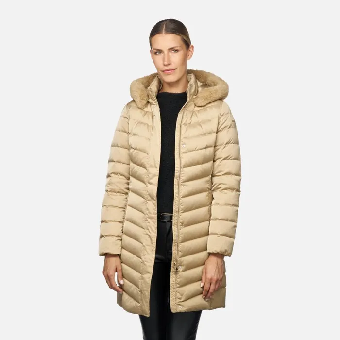 Geox Down Jackets BETTANIE WOMAN Travertine Fulllength Quilted Coat Travertine 8211 Woman