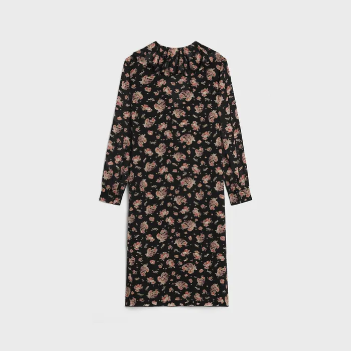Jabot Dress In Silk Georgette Noirrosecraie Women CELINE DRESSES AND SKIRTS