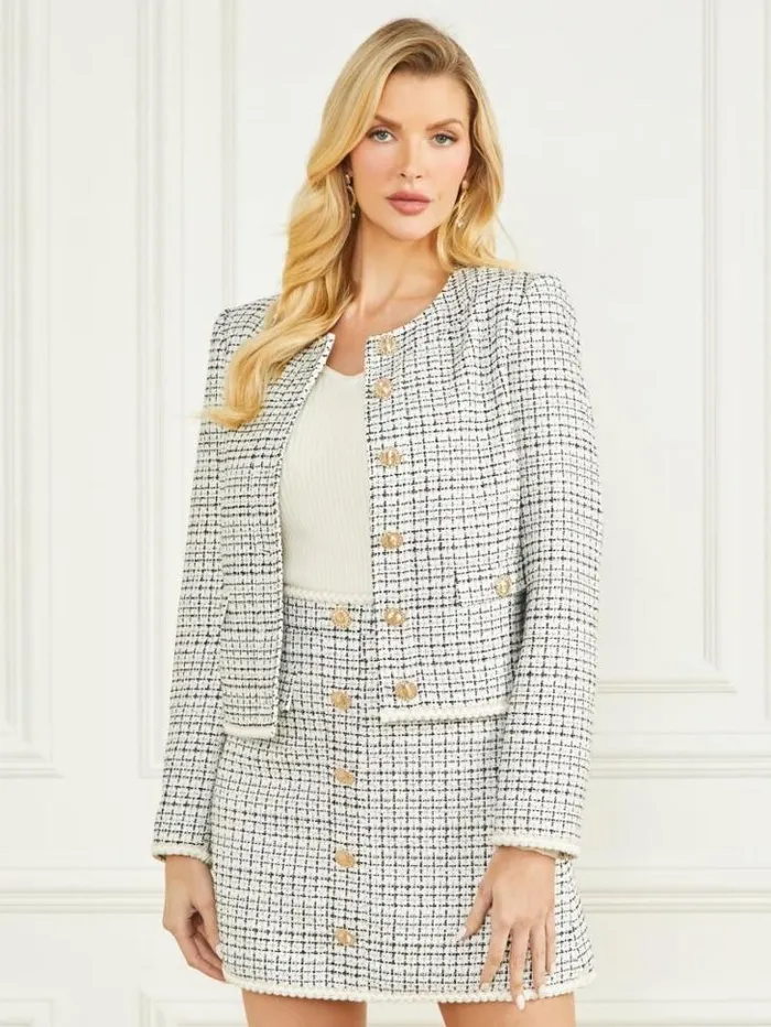 Jackets Women Marciano Provence Tweed Blazer White And Black Tweed Jackets Women Marciano Provence Tweed Blazer White And Black Tweed